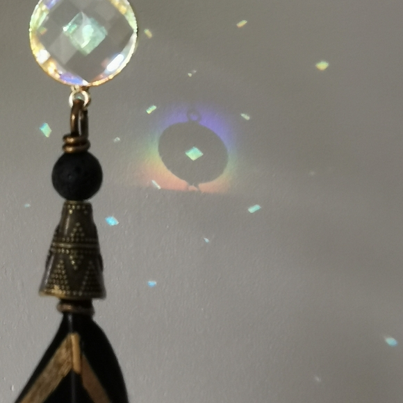 Black & Gold Prism Handmade Feather Earrings - Picture 4 of 4